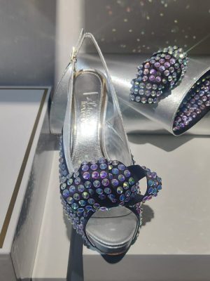 Palmieri Silver and Multicolor Crystal Bow Heels and Clutch Set
