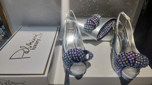 Palmieri Silver and Multicolor Crystal Bow Heels and Clutch Set