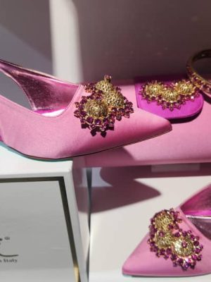 Palmieri Luxury Pink Crystal Pointed Toe Slingback Heels and Clutch Set