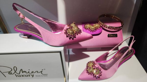 Palmieri Luxury Pink Crystal Pointed Toe Slingback Heels and Clutch Set