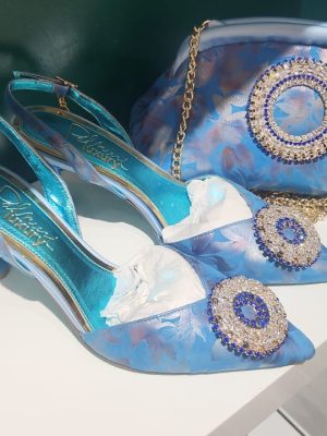 Palmieri Luxury Blue and Pink Pointed Toe Slingback Heels and Bag Set