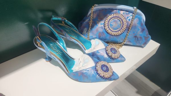 Palmieri Luxury Blue and Pink Pointed Toe Slingback Heels and Bag Set