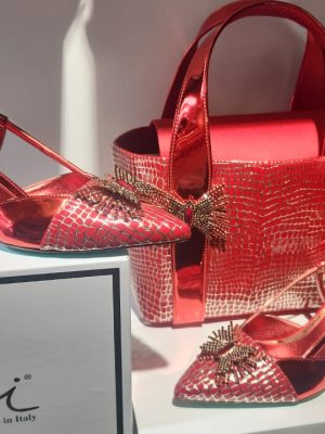 Palmieri Luxury Red Textured Slingback Heels and Bag Set