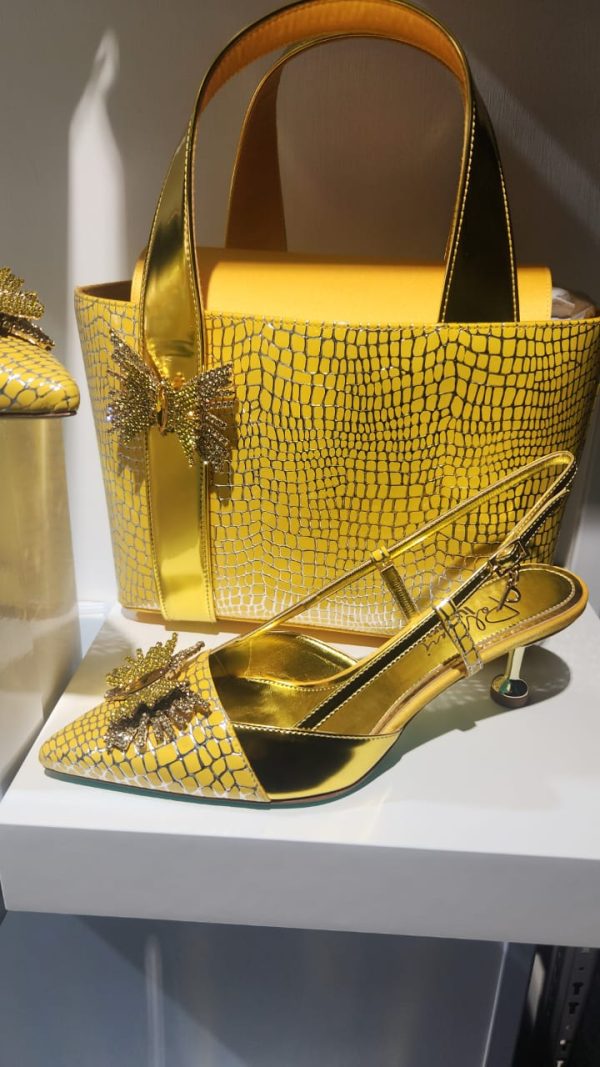 Palmieri Luxury Yellow Textured Slingback Heels and Bag Set