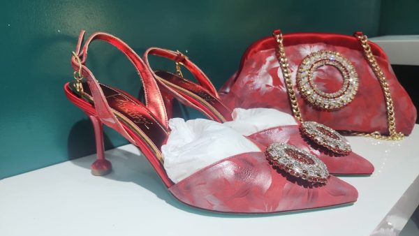 Palmieri Luxury Red Floral Slingback Heels and Bag Set