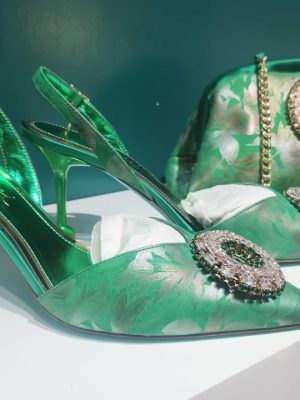 Palmieri Luxury Green Floral Slingback Heels and Bag Set