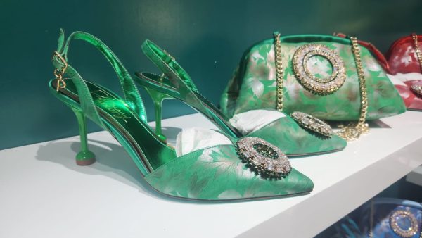 Palmieri Luxury Green Floral Slingback Heels and Bag Set